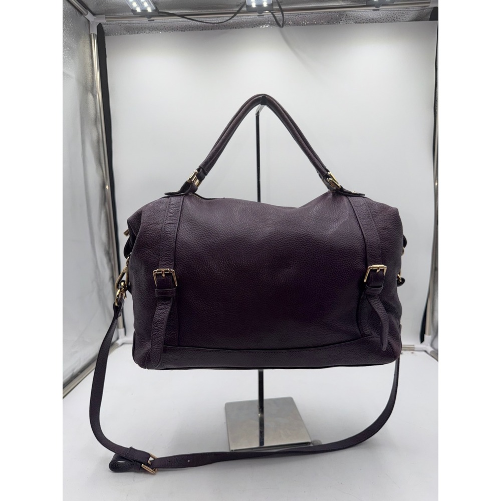 Ora Delphine Plum Purple Pebbled Leather Satchel Crossbody Bag Gold Hardware